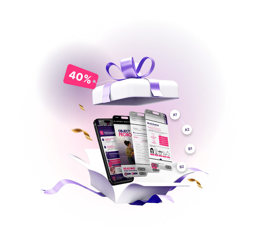 Caja de regalo abierta con 40% de descuento y celulares que muestran el material de la rutina, del nivel A1 al B2