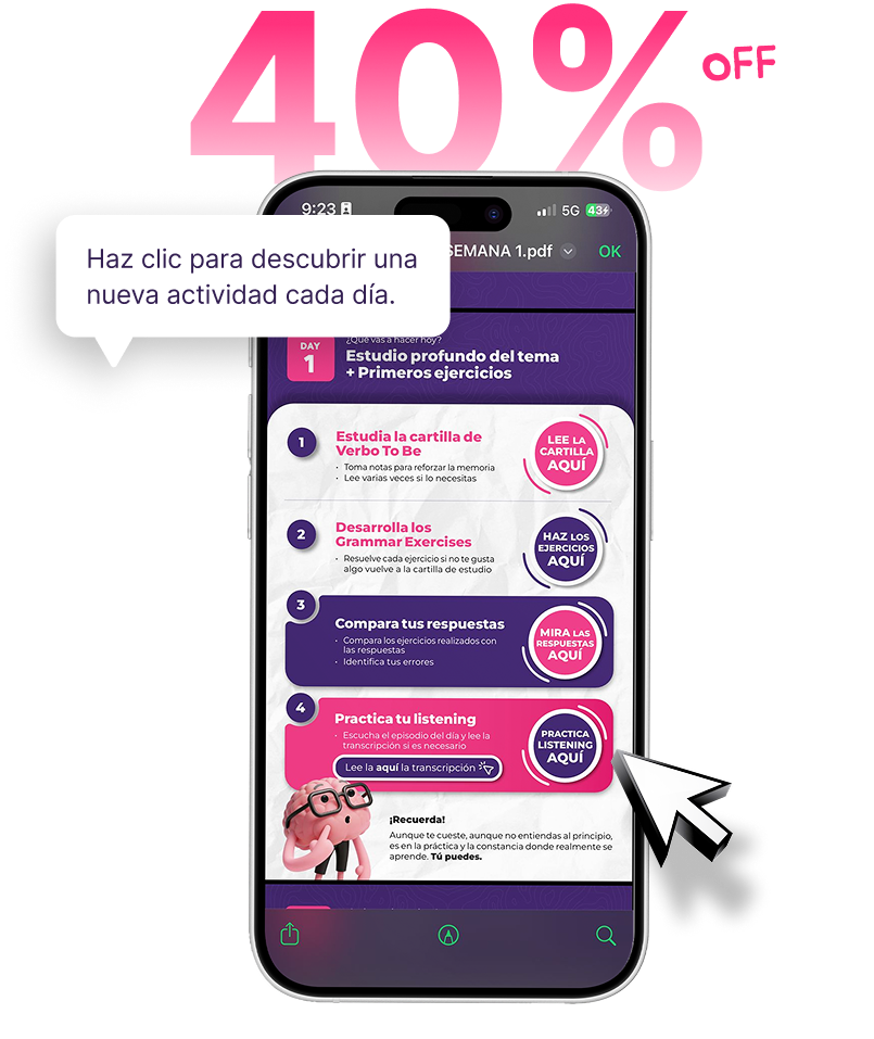 Celular mostrando la rutina del día 1: estudiar la cartilla, hacer los ejercicios, comparar respuestas y practicar el listening